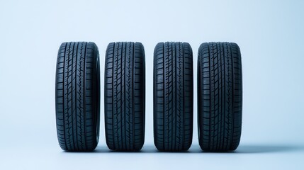 Four perfectly aligned black tires on a clean white backdrop showcasing minimalistic elegance in automotive design