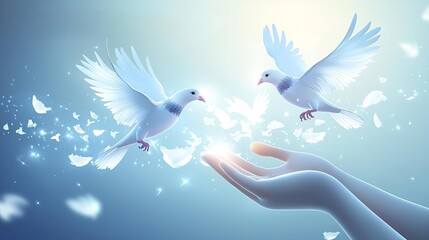 Fototapeta premium Leadership Freedom Celebration Two white doves flying towards a gentle hand in soft light.