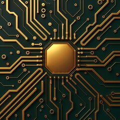 Obraz premium Intricate circuitry design featuring a central gold microchip against a dark background, symbolizing technology and innovation. circuitboard pattern design wallpaper