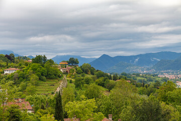 Panoramic view of Bergamo city, Lombardy, Italy. Picturesque spring view