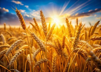Fototapeta premium August Wheat Field Closeup, Golden Summer Sun, Surreal Photography, Ripe Grain, Harvest, Nature