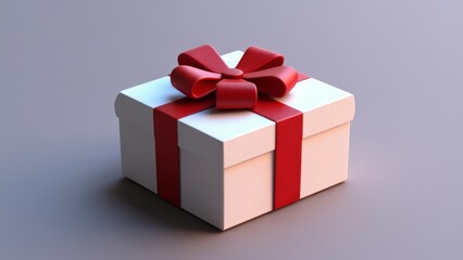 Obraz premium Beautiful white gift box with red ribbon and bow on minimal background