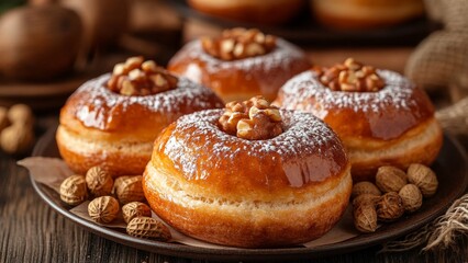 Freshly baked pastries topped with nuts on a wooden table