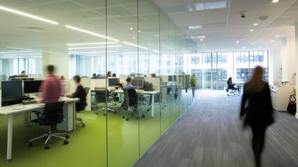 Interior of an ultra modern office building with open space, employees blurred in motion