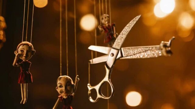 Marionette puppets are being severed by a pair of oversized. Generative By Ai