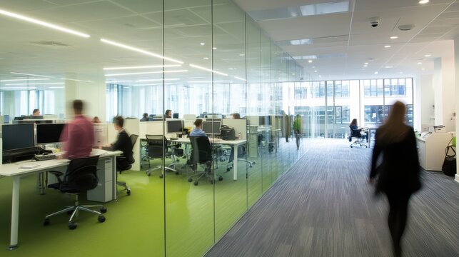 Interior of an ultra modern office building with open space, employees blurred in motion