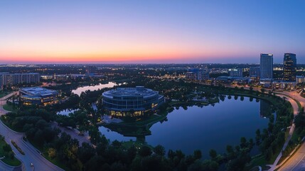 Obraz premium Serene Twilight Over Urban Landscape with Lakes and City Skyline