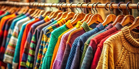Obraz premium Autumn Fashion: Colorful Sweaters on Wooden Hangers - Tilt-Shift Photography