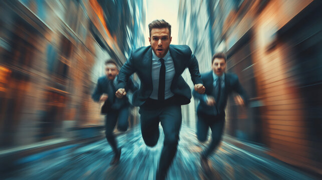 Busy businessmen dashing through a bustling city street, evoking a feeling of haste and rivalry