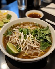 A bowl of pho with fresh herbs, bean sprouts, lime, and a side of dipping sauce.