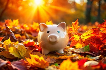 Autumn Piggy Bank Landscape Photography: Colorful Leaves, Savings, Fall Scene