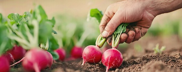 Gardening as a Peaceful and Mindful Hobby. Hand harvesting fresh radishes from the soil.