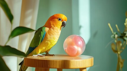 Colorful Parrot Interacting with a Transparent Ball on a Table