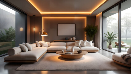 Innovative Futuristic Living Room Blending Smart Technology with Serene Fantasy Design for Ultimate Relaxation