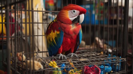 Colorful Macaw Perched in Cage Surrounded by Vibrant Toys