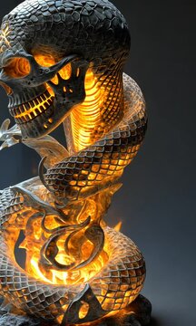 A glowing skull entwined with a snake, showcasing a blend of horror and fantasy art.