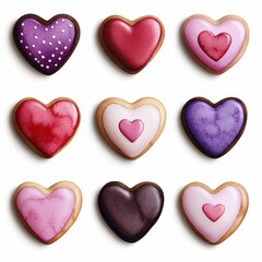 Obraz premium Colorful heart-shaped cookies with various icing patterns for a sweet celebration.