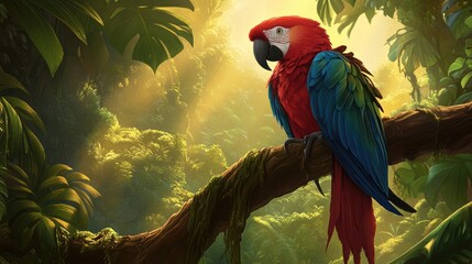 Vibrant Macaw Perched on Tree Branch in Lush Rainforest Environment