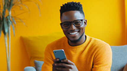 Young man happily using mobile phone on comfortable sofa at home, engaging in online communication, shopping, or social media
