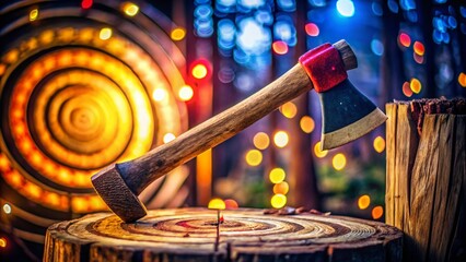 Axe Throwing Entertainment: Bokeh Photography, Target Practice, Sharp Axe, Night Event,  Blurred Background,  Action Shot, Fun Activity