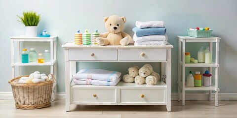 Baby Changing Table Setup: Adorable Bear, Soft Towels & Essentials - Product Photography