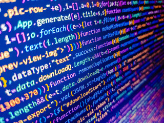 Blue software developer background. Abstract background of digital binary code of software. Big overload blockchain data. Software development monitor screen background. Programming concept.