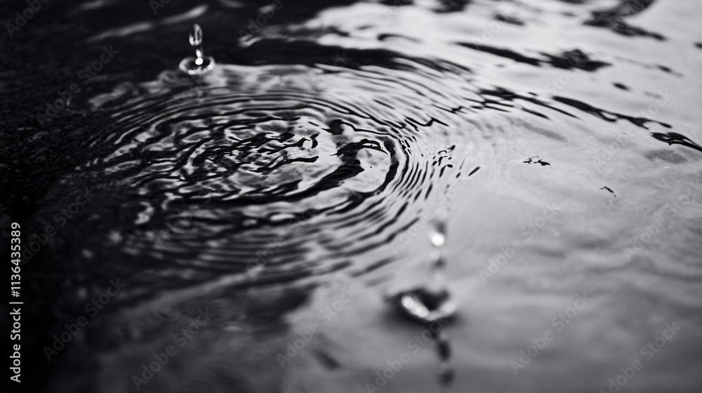 Poster water droplets creating concentric ripples on dark water surface