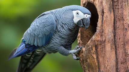 Obraz premium Stunning Gray Parrot Perched Beside Nesting Hole in Tree Trunk