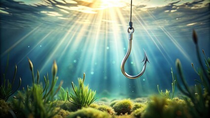 A solitary fishing hook hangs underwater, sunlight streams through the water, illuminating aquatic plants on the seabed.