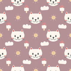 Face cat cartoon so cute. On cloud ice cream sun background. Pattern seamless vector illustration. 
