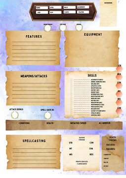 DND RPG CHARACTER SHEETS, SHEETS FOR TABLETOP ROLEPLAYING GAMES, DUNGEONS AND DRAGONS CHARACTER JOURNAL