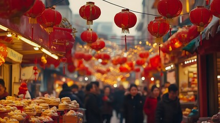 Naklejka premium A close-up shot of vibrant red and gold lanterns hanging above a bustling street market filled with vendors selling traditional Chinese New Year foods, such as dumplings, spring rolls, and mooncakes 
