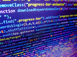 Website codes on monitor. Virus in program code. Black background space with multiple layers coding. Php web programming source code. Abstract modern virtual computer script. Coding concept.