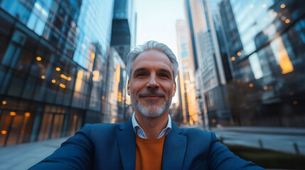 Obraz premium Confident businessman capturing a selfie with city skyscrapers, reveling in urban success