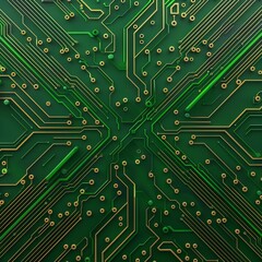Abstract close-up of a green printed circuit board with intricate golden circuitry, creating a high-tech, modern aesthetic. circuitboard pattern design background