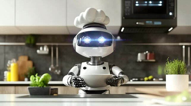Humanoid robot with a chef hat preparing food in a futuristic kitchen.