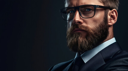 Fototapeta premium Professional and stylish close-up studio portrait of a confident businessman with a beard and eyeglasses