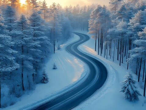 Aerial view of snowy forest with a road. 