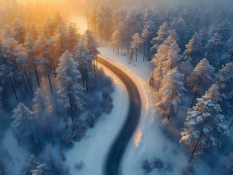 Aerial view of snowy forest with a road.  - Powered by Adobe