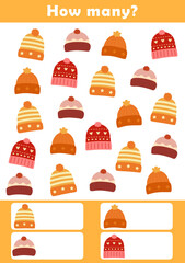 I spy game for toddlers. Counting educational activity for children and kids. Find and count objects worksheet. Winter activity sheet.