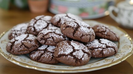 Delicious chocolate cookies dusted with powdered sugar on a platter