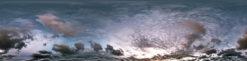 360 panorama of glowing sunset sky with bright pink Cumulus clouds. HDR 360 seamless spherical panorama. Full zenith or sky dome sky replacement for aerial drone panoramas. Climate and weather change.
