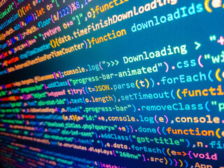 Internet code programming and scripting concept. Double exposure image of computer screen displayed lines of binary code information. Numbers on computer screen. Programming concept. Blue php.