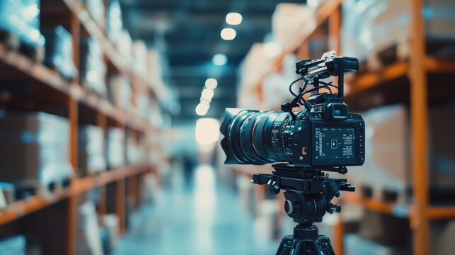 A high-resolution shot of a video camera on a tripod, set against a blurred warehouse background with neatly stacked boxes.