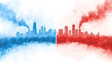 Fototapeta premium Dramatic city skyline with red and blue smoke, a stunning urban spectacle