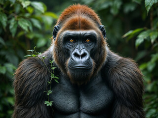 Fototapeta premium Gorilla stares intensely in a lush green forest setting