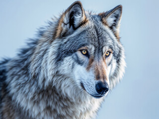 Fototapeta premium Gray wolf gazes intently in a soft blue setting looking majestic and powerful