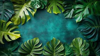 Lush green leaves frame a vibrant teal background
