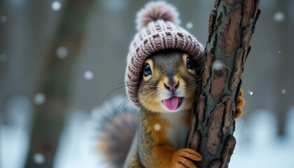 Obraz premium A squirrel stuck out his tongue against the background of the forest