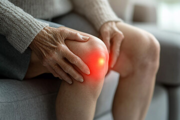 A middle-aged woman is holding her knee in pain, with red highlighting of the injury.